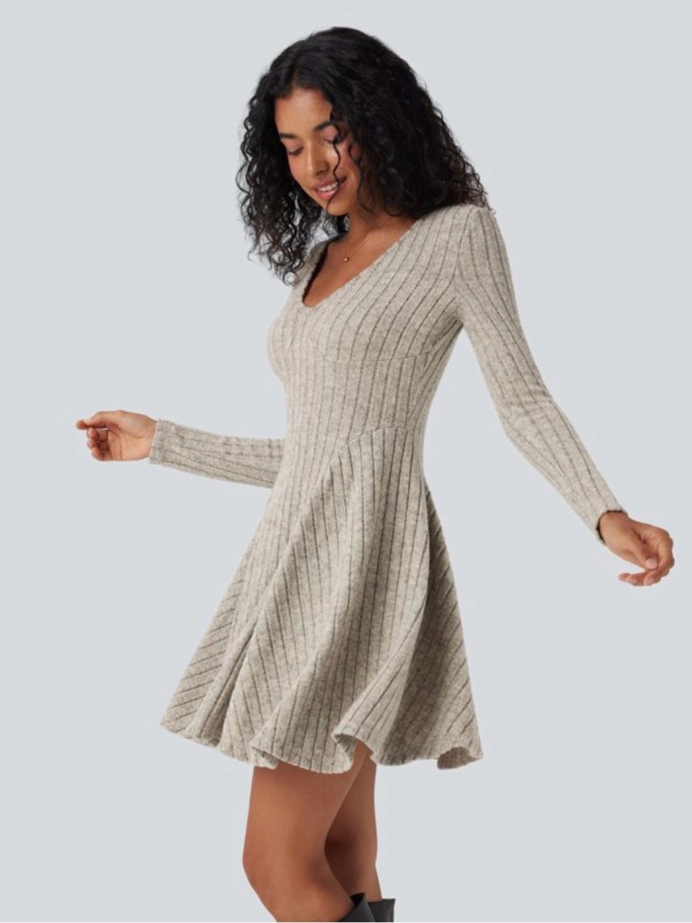 NWT Knit V-Neck Flare Long Sleeve Dress - Cream